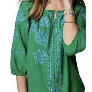 J. Jill Linen Kelly Green Blue Embroidered Boho Peasant Top Blouse Size PM
